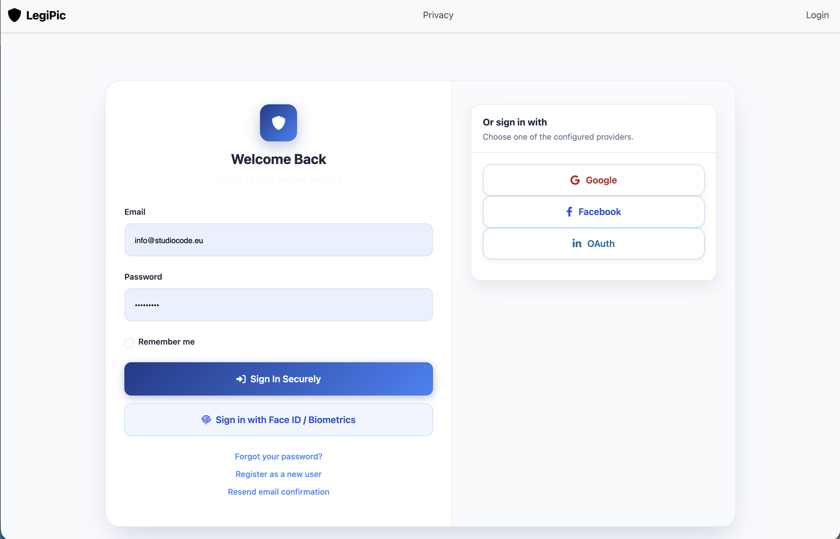 LegiPic sign-in screen