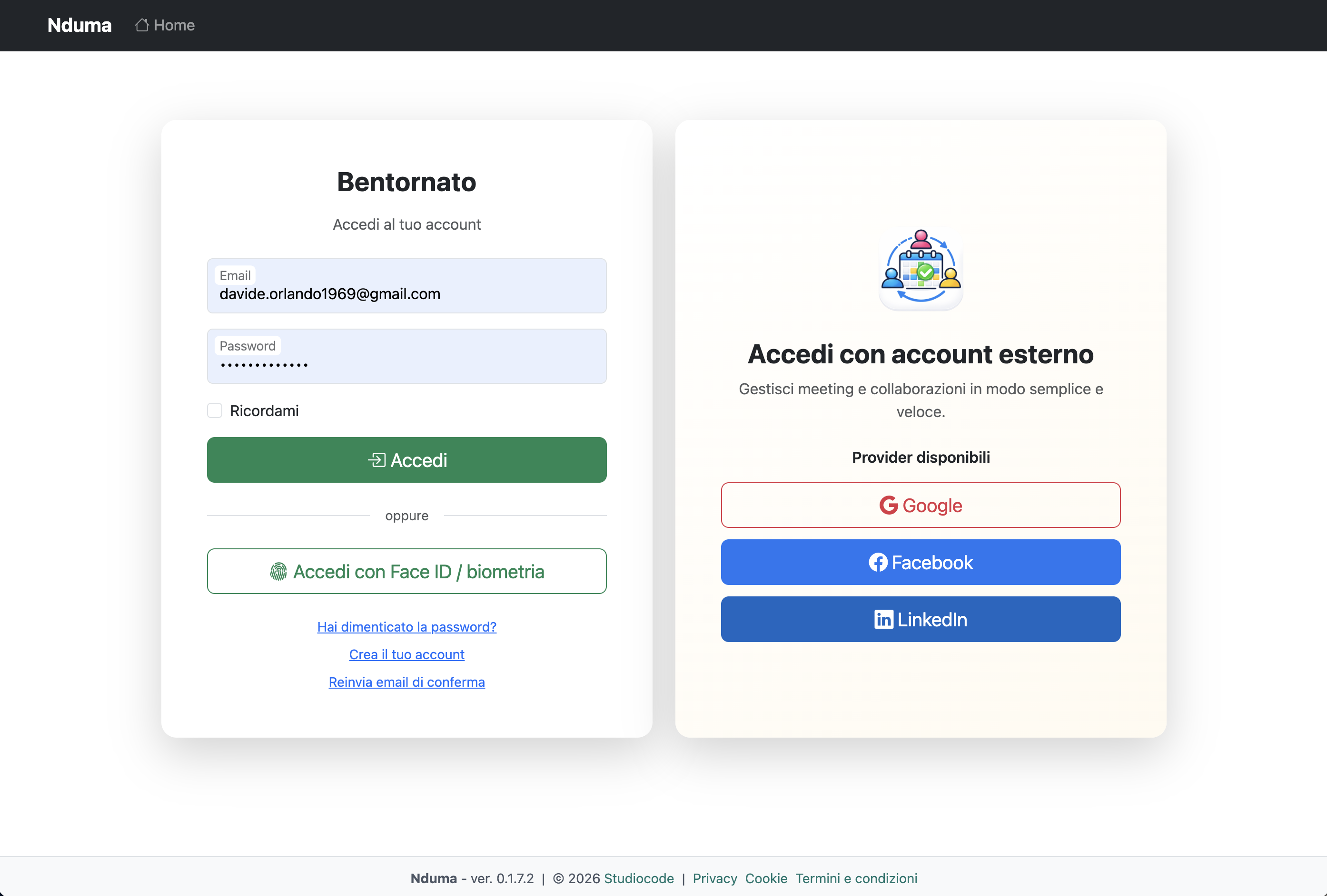 Pagina di accesso italiana di Nduma